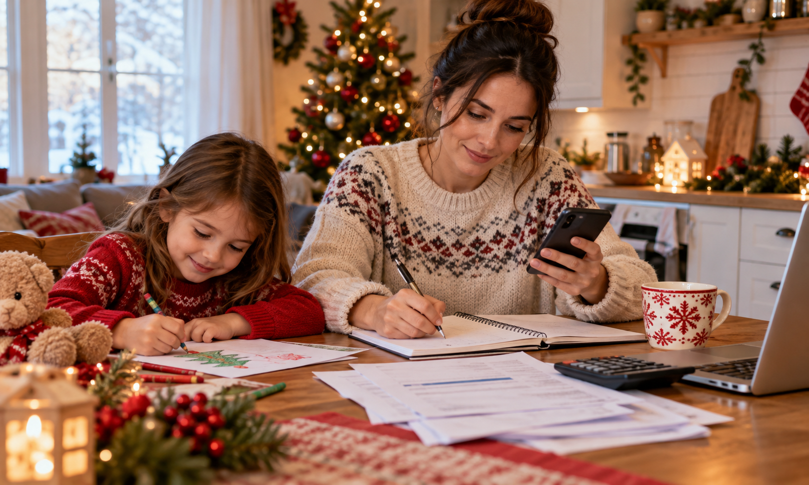 Mother at home reviewing Christmas assistance contacts while her daughter draws beside her