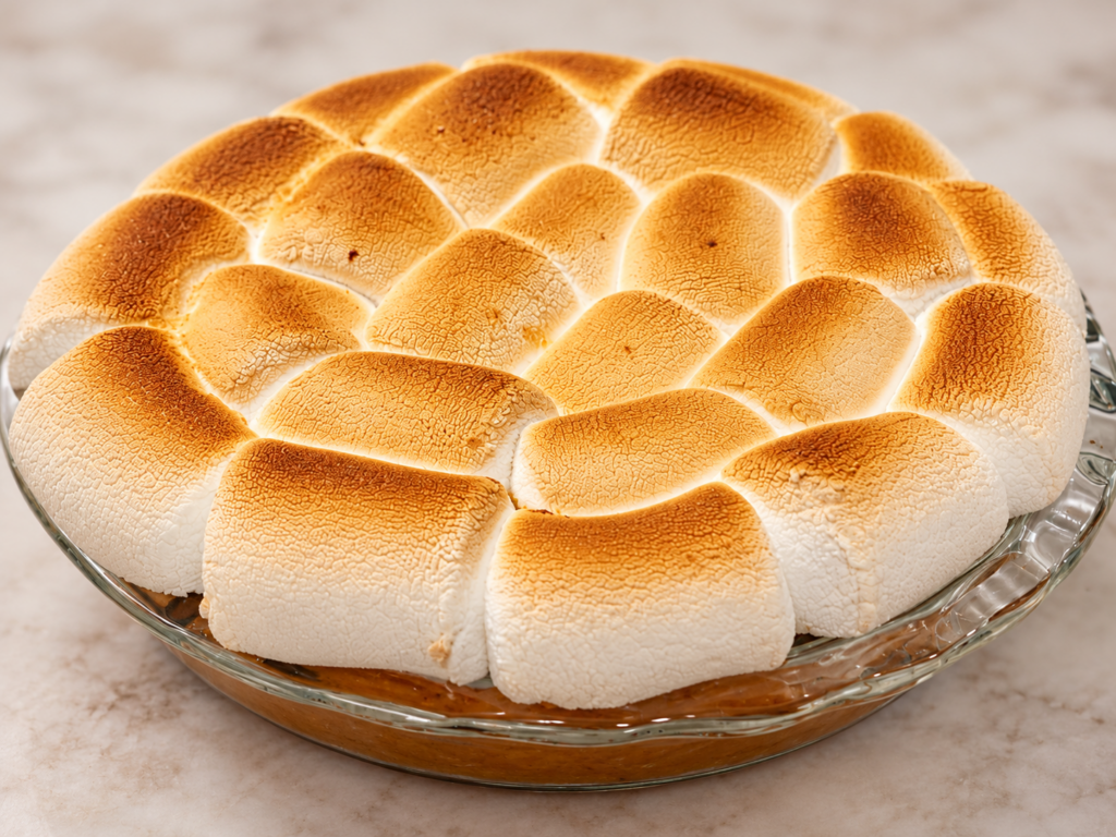 Homemade sweet potato casserole topped with golden toasted marshmallows in a glass baking dish