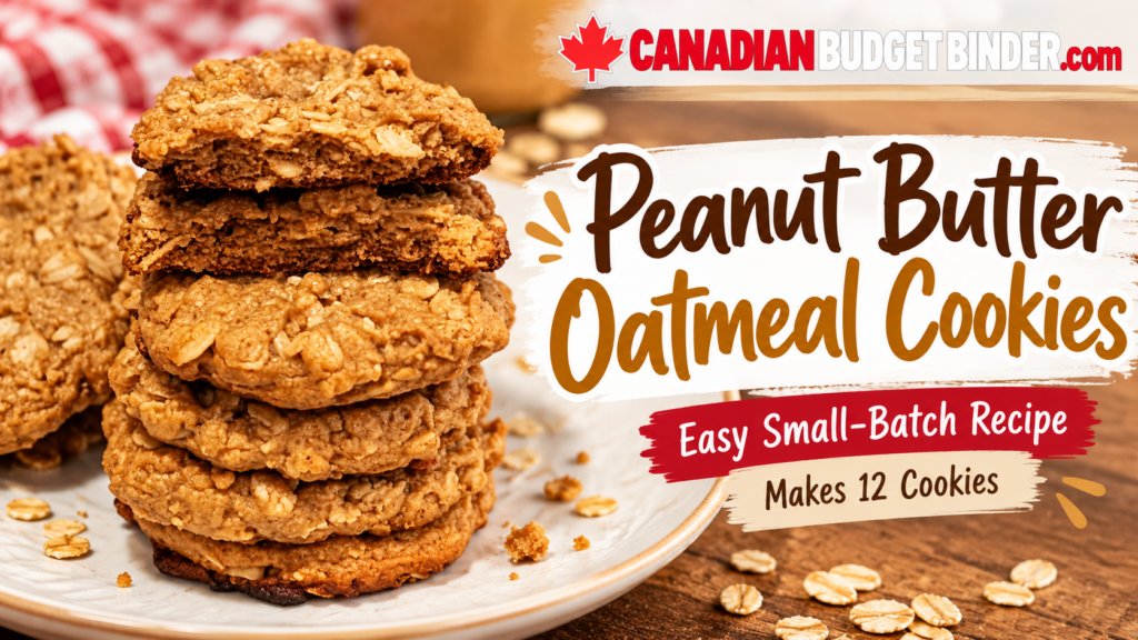 Peanut butter oatmeal cookies in a stacked cookie recipe cover graphic with a small-batch recipe headline.
