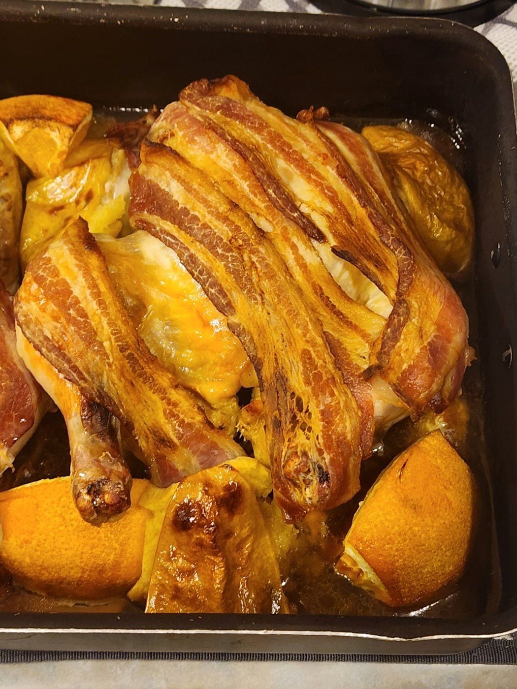 Two bacon-wrapped chickens we roasted for Thanksgiving