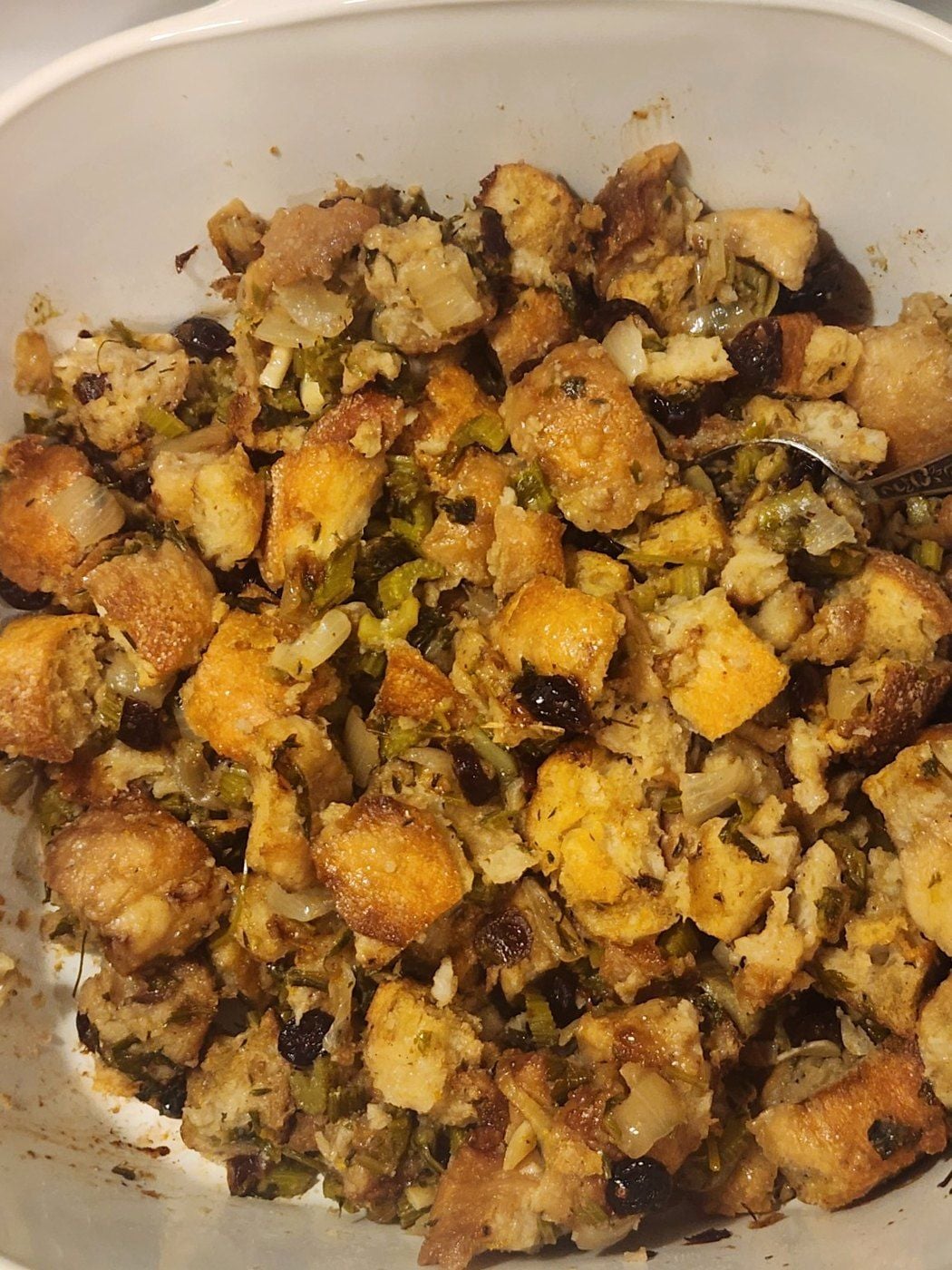 Our finished cranberry orange baguette stuffing